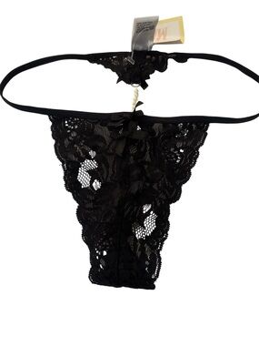 Black Lace G-String Thong with Pearl Accent